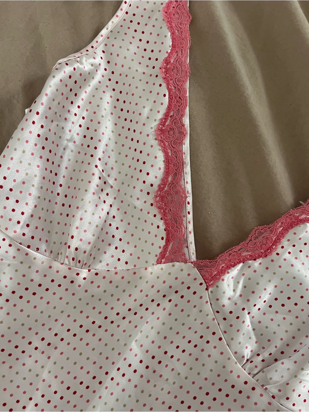 Vintage Pink Polka Dot Satin Chemise with Pink Lace Trim - Picture 3 of 6